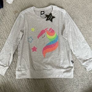 New w Tags PIXIE LANE Grey Unicorn Jeweled Gem Sequin Long Sleeve Shirt Sz 6
